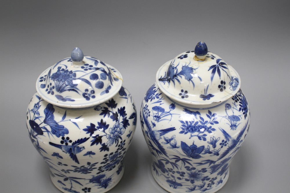 A pair of 19th century Chinese blue and white vases and covers, decorated with birds and flowers, height 23cm